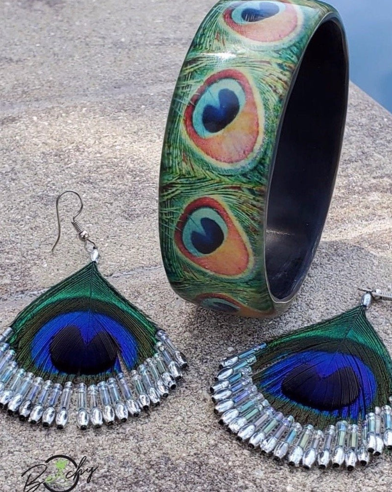 Beachy Peacock feather earrings and Bangle Set